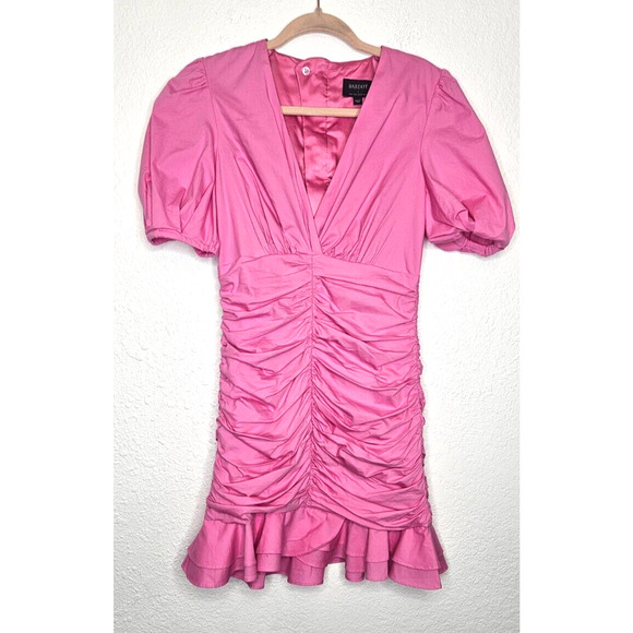 Bardot Women The Amie Mini Dress Small Candy Pink Ruched Short Puff Sleeve Party - Picture 2 of 14